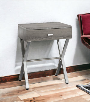 Homeroots 22" Silver And Deep Taupe Wood And Metal End Table With Drawer Dark Taupe,Chrome  333131