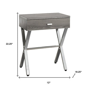 HomeRoots 22" Sleek Silver and White End Table with Drawer - Modern Accent for Living Rooms or Small Spaces Dark Taupe,Chrome 333131