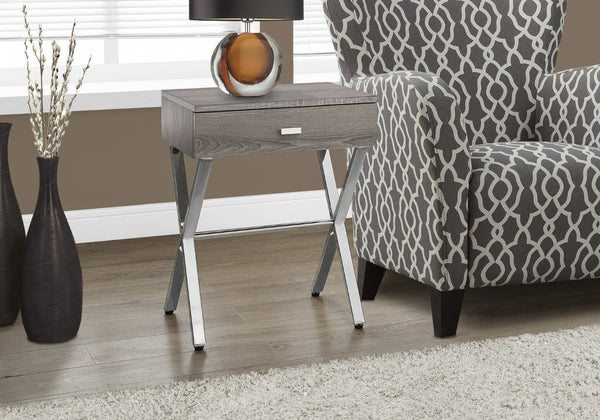 HomeRoots 22" Sleek Silver and White End Table with Drawer - Modern Accent for Living Rooms or Small Spaces Dark Taupe,Chrome 333131