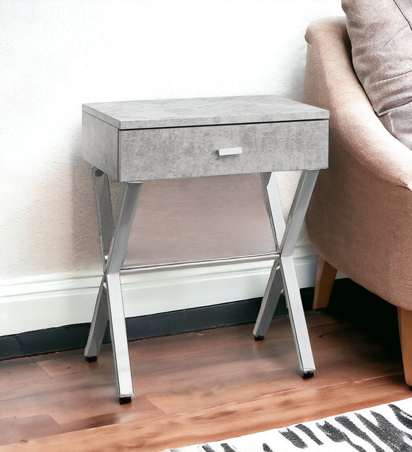 Homeroots 22" Silver And Gray Wood And Metal End Table With Drawer Grey,Chrome  333132