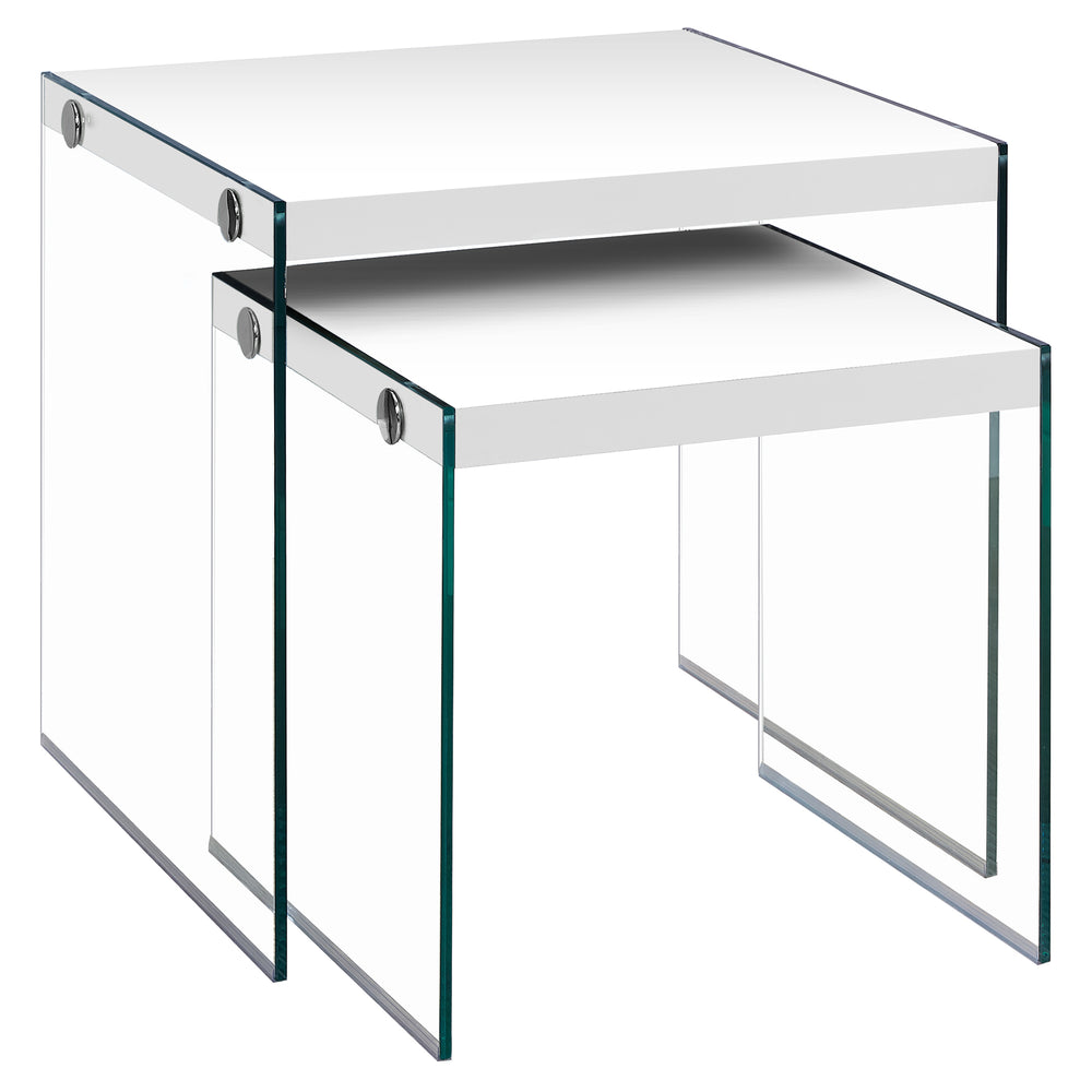 Homeroots 35.5" Glossy White Particle Board And Clear Glass Two Pieces Nesting Table Set White,Clear  333147