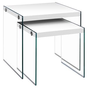 Homeroots 35.5" Glossy White Particle Board And Clear Glass Two Pieces Nesting Table Set White,Clear  333147