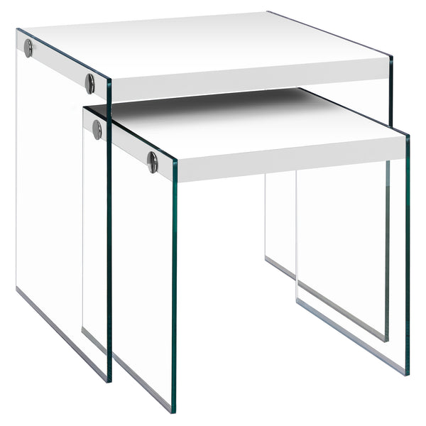 Homeroots 35.5" Glossy White Particle Board And Clear Glass Two Pieces Nesting Table Set White,Clear  333147