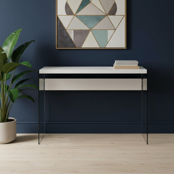 HomeRoots 44" Sleek Console Table with Durable Wood Top and Stylish Glass Base for Modern Living Spaces White,Clear 333148