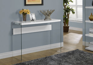 HomeRoots 44" Sleek Console Table with Durable Wood Top and Stylish Glass Base for Modern Living Spaces White,Clear 333148