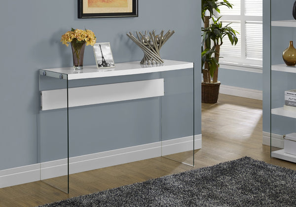 HomeRoots 44" Sleek Console Table with Durable Wood Top and Stylish Glass Base for Modern Living Spaces White,Clear 333148