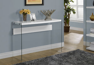HomeRoots 44" Sleek Console Table with Durable Wood Top and Stylish Glass Base for Modern Living Spaces White,Clear 333148