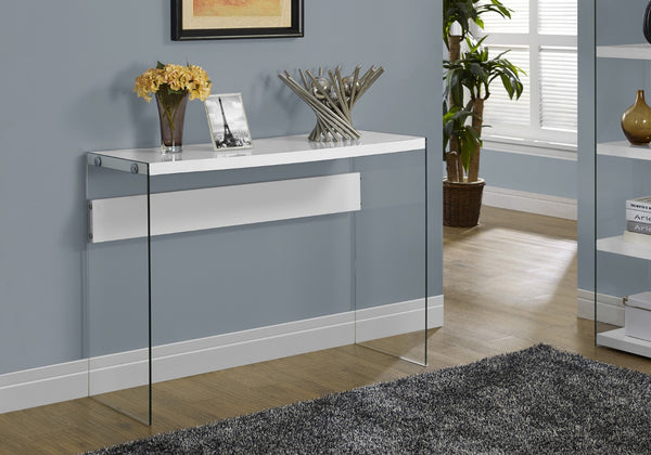 HomeRoots 44" Sleek Console Table with Durable Wood Top and Stylish Glass Base for Modern Living Spaces White,Clear 333148
