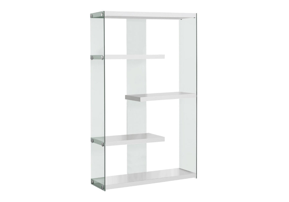 HomeRoots 59" Modern Four-Tier Etagere Bookcase with Sleek Lacquer Shelves and Glass Panels for Stylish Display White,Clear 333150
