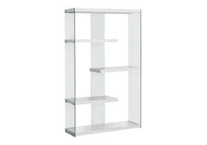 HomeRoots 59" Modern Four-Tier Etagere Bookcase with Sleek Lacquer Shelves and Glass Panels for Stylish Display White,Clear 333150
