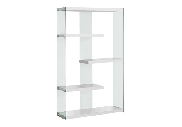 HomeRoots 59" Modern Four-Tier Etagere Bookcase with Sleek Lacquer Shelves and Glass Panels for Stylish Display White,Clear 333150