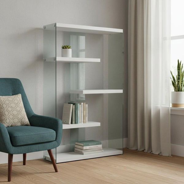HomeRoots 59" Modern Four-Tier Etagere Bookcase with Sleek Lacquer Shelves and Glass Panels for Stylish Display White,Clear 333150