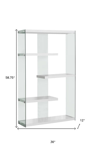 HomeRoots 59" Modern Four-Tier Etagere Bookcase with Sleek Lacquer Shelves and Glass Panels for Stylish Display White,Clear 333150