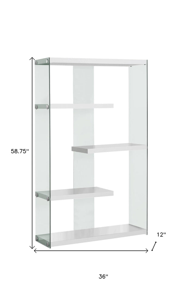 HomeRoots 59" Modern Four-Tier Etagere Bookcase with Sleek Lacquer Shelves and Glass Panels for Stylish Display White,Clear 333150
