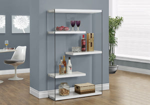 HomeRoots 59" Modern Four-Tier Etagere Bookcase with Sleek Lacquer Shelves and Glass Panels for Stylish Display White,Clear 333150