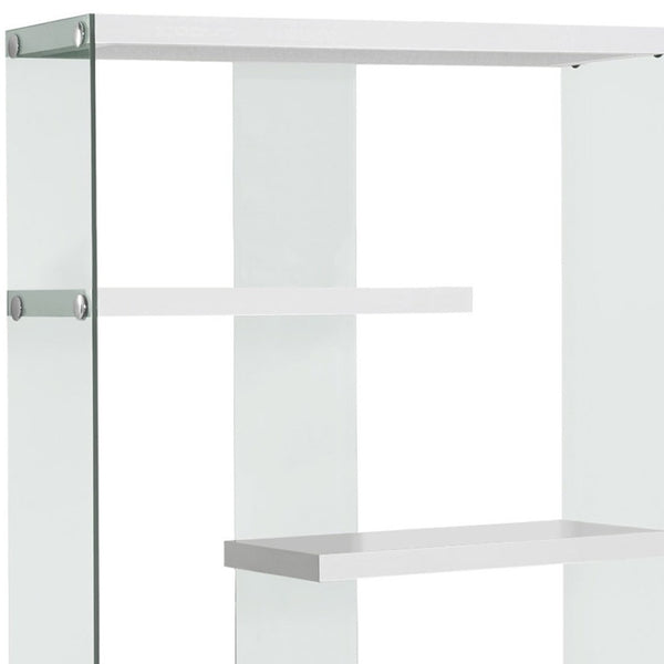 HomeRoots 59" Modern Four-Tier Etagere Bookcase with Sleek Lacquer Shelves and Glass Panels for Stylish Display White,Clear 333150