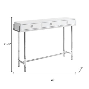 HomeRoots 48" Console Table with Sleek Silver Base and Three Drawers for Stylish Storage and Display Solutions White 333154