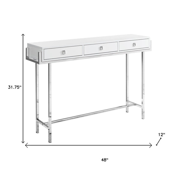 HomeRoots 48" Console Table with Sleek Silver Base and Three Drawers for Stylish Storage and Display Solutions White 333154