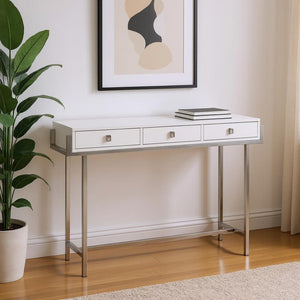HomeRoots 48" Console Table with Sleek Silver Base and Three Drawers for Stylish Storage and Display Solutions White 333154