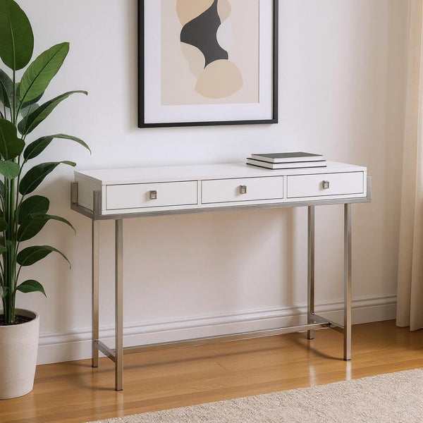 HomeRoots 48" Console Table with Sleek Silver Base and Three Drawers for Stylish Storage and Display Solutions White 333154