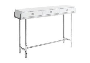 HomeRoots 48" Console Table with Sleek Silver Base and Three Drawers for Stylish Storage and Display Solutions White 333154