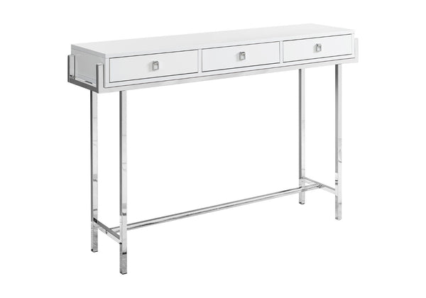 HomeRoots 48" Console Table with Sleek Silver Base and Three Drawers for Stylish Storage and Display Solutions White 333154
