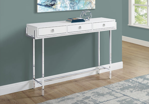 HomeRoots 48" Console Table with Sleek Silver Base and Three Drawers for Stylish Storage and Display Solutions White 333154