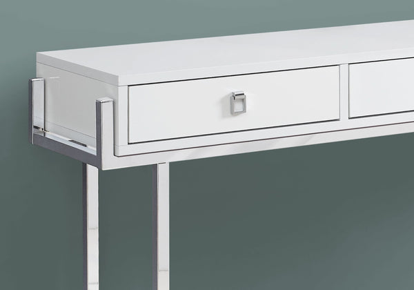 HomeRoots 48" Console Table with Sleek Silver Base and Three Drawers for Stylish Storage and Display Solutions White 333154