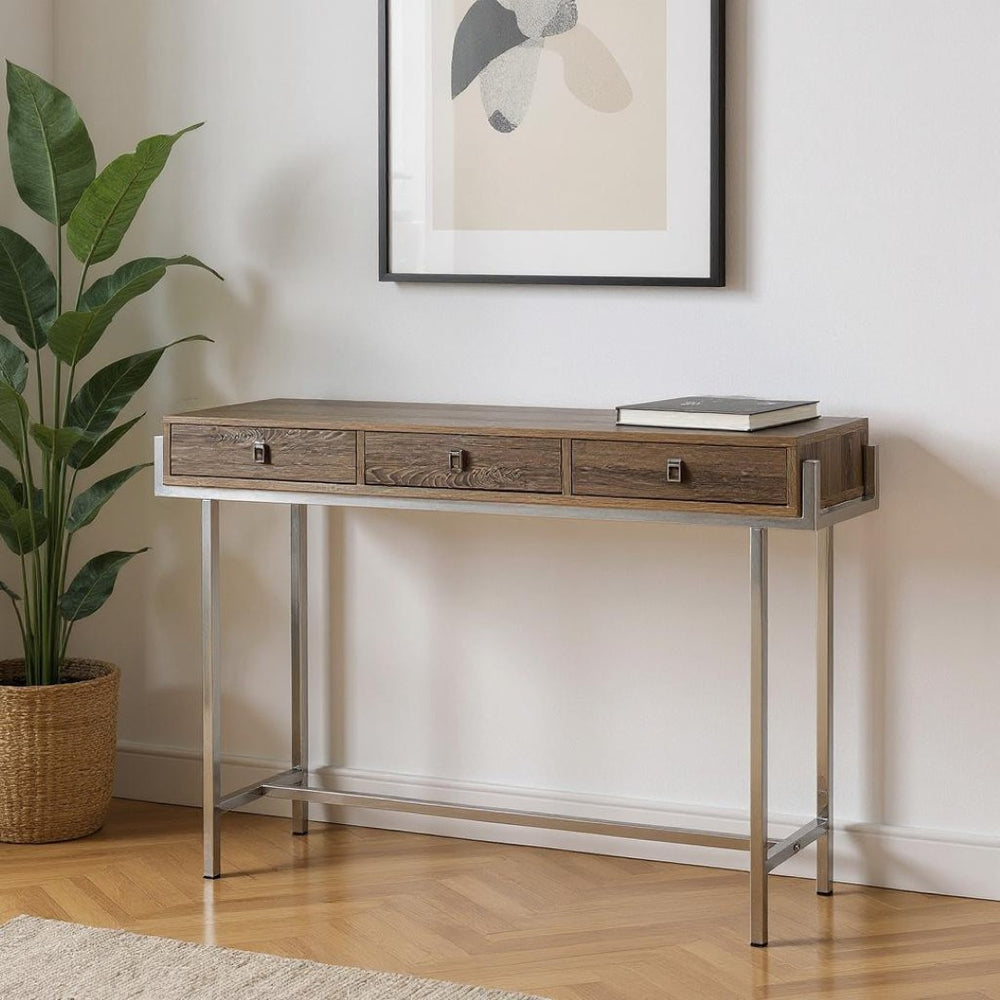 HomeRoots 48" Console Table with Sleek Silver Base and Three Drawers for Stylish Storage and Display Solutions Dark Taupe 333156