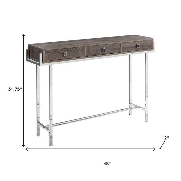 HomeRoots 48" Console Table with Sleek Silver Base and Three Drawers for Stylish Storage and Display Solutions Dark Taupe 333156