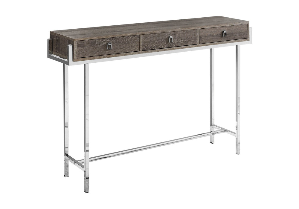HomeRoots 48" Console Table with Sleek Silver Base and Three Drawers for Stylish Storage and Display Solutions Dark Taupe 333156