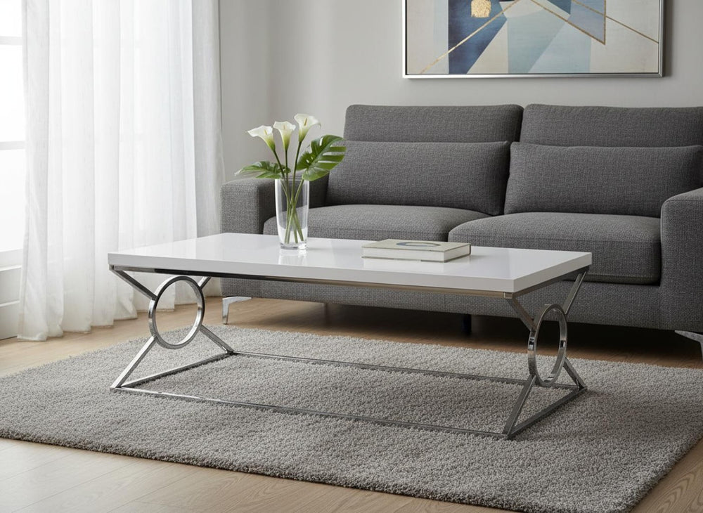 HomeRoots 44" Modern White and Silver Coffee Table - Stylish Rectangular Design for Chic Living Spaces 333181