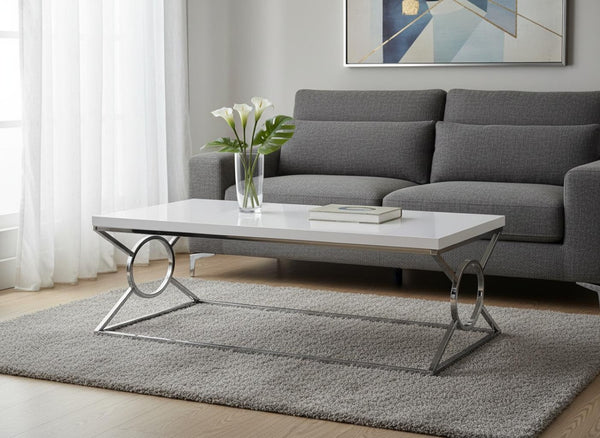 HomeRoots 44" Modern White and Silver Coffee Table - Stylish Rectangular Design for Chic Living Spaces 333181