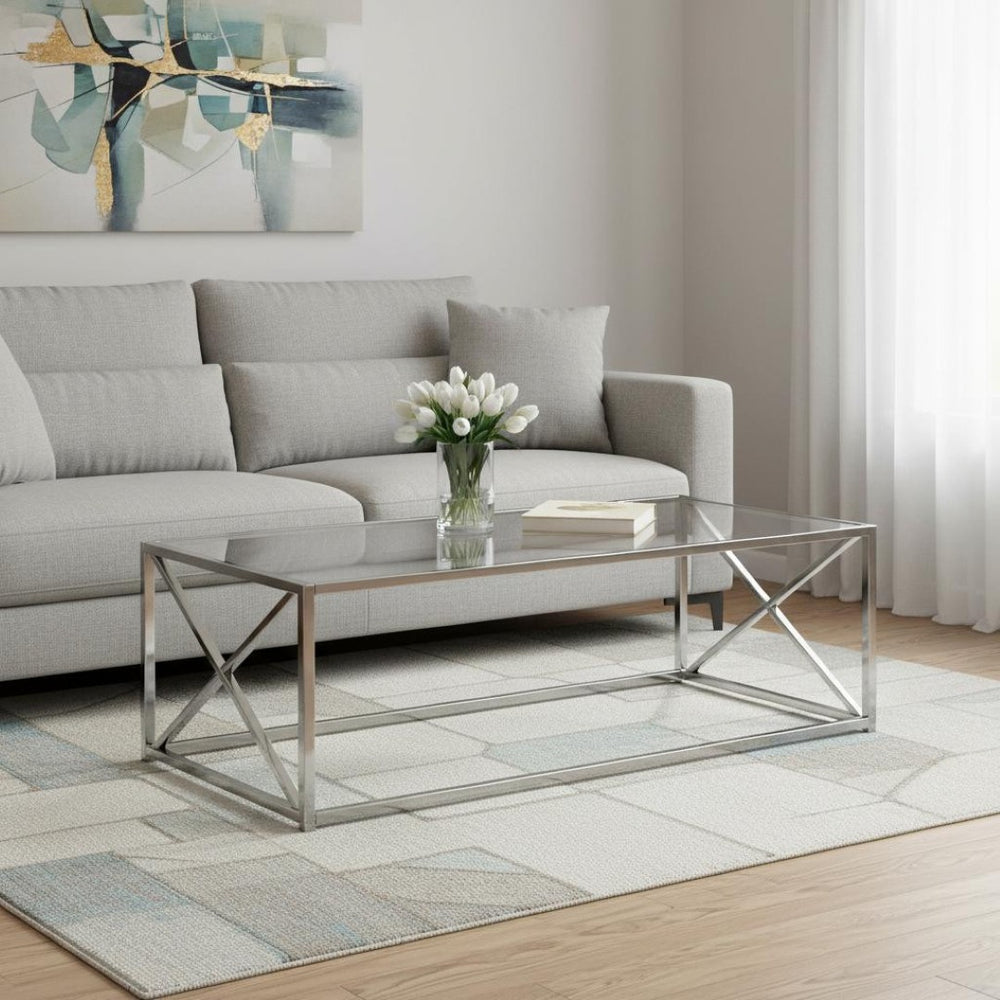 HomeRoots 22" Elegant Glass and Silver Iron Coffee Table - Modern Centerpiece for Living Room or Office Decor Chrome,Clear 333197