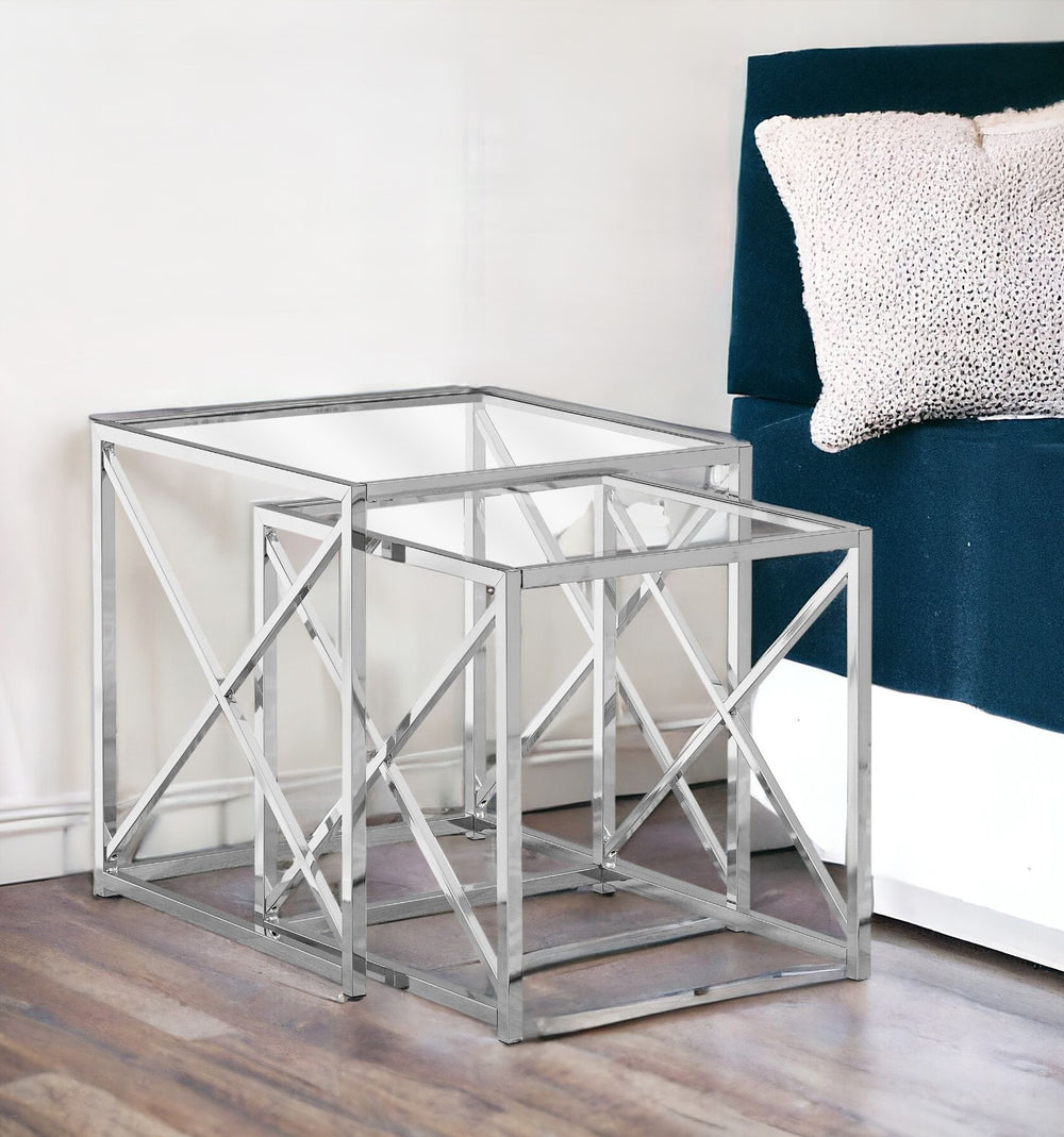 Homeroots Set Of Two 38" Silver And Clear Glass Square Nested Tables Chrome,Clear  333198