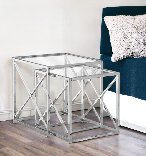 Homeroots Set Of Two 38" Silver And Clear Glass Square Nested Tables Chrome,Clear  333198