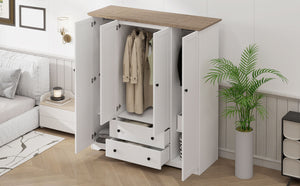 English Elm 4 Door Wardrobe Armoire Closet with 2 Drawers Rustic Pine & MDF Storage Cabinet with Shelves and Hanging Space White N7090001842K