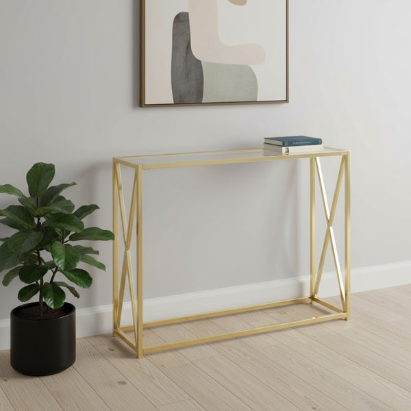 HomeRoots 42" Elegant Glass Top Console Table with Sleek Metallic Frame - Perfect for Entryways and Decor Gold,Clear 333202