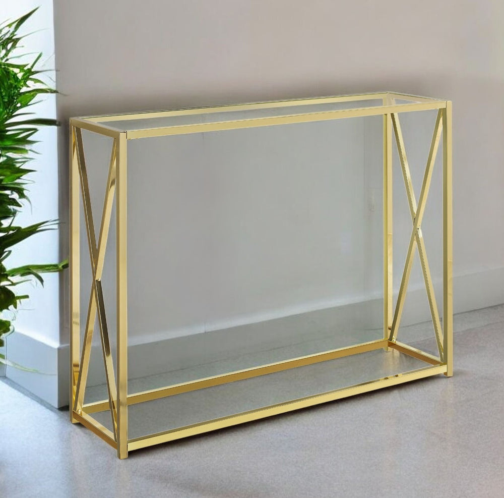 Homeroots 42" Clear And Gold Glass Frame Console Table Gold,Clear  333202