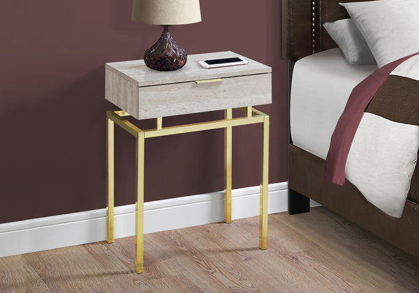 Homeroots 23" Gold And Beige Wood And Metal End Table With Drawer Beige,Gold  333215