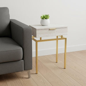 HomeRoots 23" Elegant Wood and Metal End Table with Drawer for Stylish Storage in Modern Living Spaces Beige,Gold 333215