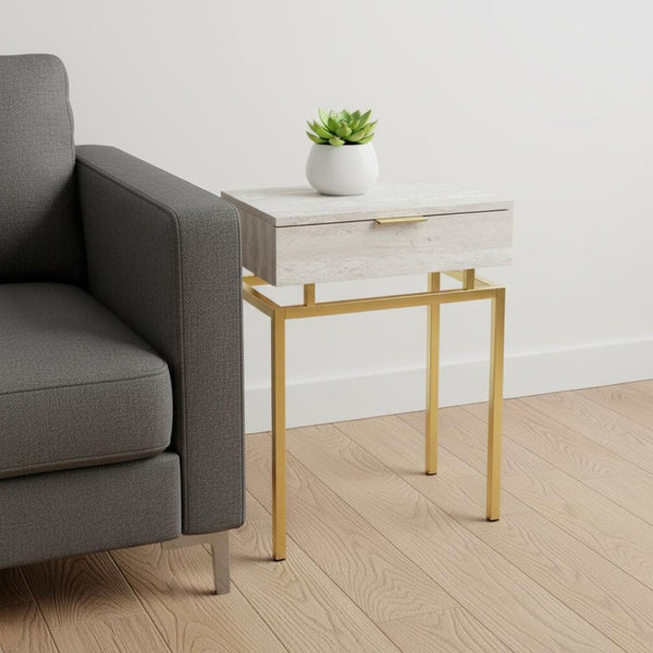 HomeRoots 23" Elegant Wood and Metal End Table with Drawer for Stylish Storage in Modern Living Spaces Beige,Gold 333215