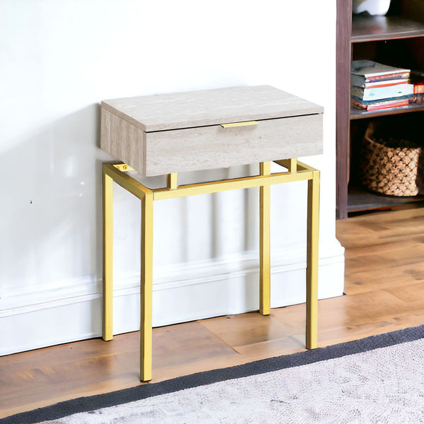 Homeroots 23" Gold And Beige Wood And Metal End Table With Drawer Beige,Gold  333215