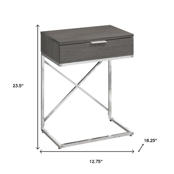 HomeRoots 24" Sleek Silver and Gray End Table with Drawer - Modern C-Shape Design for Any Room Decor Grey 333223