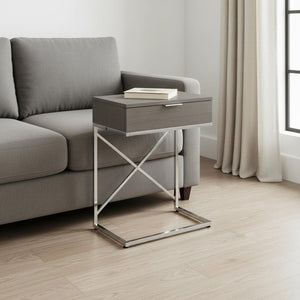 HomeRoots 24" Sleek Silver and Gray End Table with Drawer - Modern C-Shape Design for Any Room Decor Grey 333223