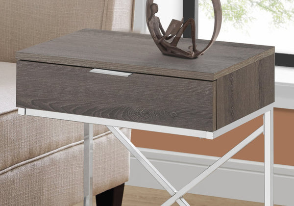 HomeRoots 24" Sleek Silver and Gray End Table with Drawer - Modern C-Shape Design for Any Room Decor Dark Taupe 333224