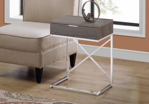 HomeRoots 24" Sleek Silver and Gray End Table with Drawer - Modern C-Shape Design for Any Room Decor Dark Taupe 333224