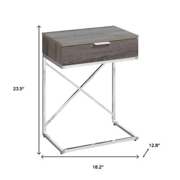 HomeRoots 24" Sleek Silver and Gray End Table with Drawer - Modern C-Shape Design for Any Room Decor Dark Taupe 333224