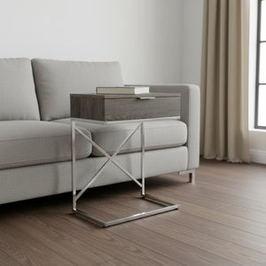 HomeRoots 24" Sleek Silver and Gray End Table with Drawer - Modern C-Shape Design for Any Room Decor Dark Taupe 333224