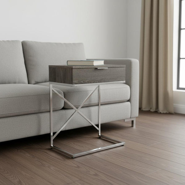 HomeRoots 24" Sleek Silver and Gray End Table with Drawer - Modern C-Shape Design for Any Room Decor Dark Taupe 333224